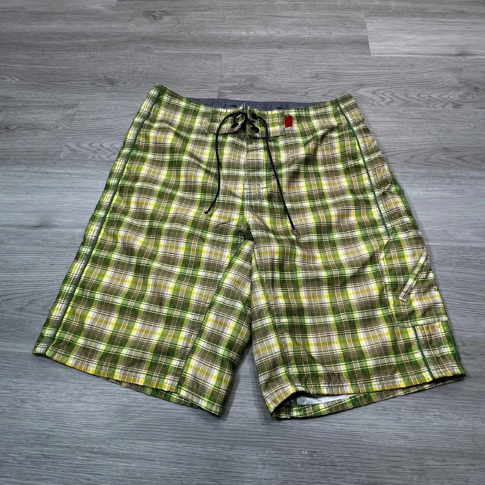 The North Face Quick Dry‎ Mens Board Shorts Size 32 Plaid Green Yellow